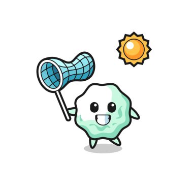 Sakız maskotu çizimi kelebeği yakalıyor, şirin bir tasarım.