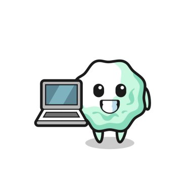 Dizüstü bilgisayarla sakız çiğnemenin maskotu tasarımı, şirin bir tasarım.