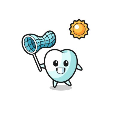 Diş maskotu illüstrasyonu kelebeği yakalıyor, şirin tasarım.
