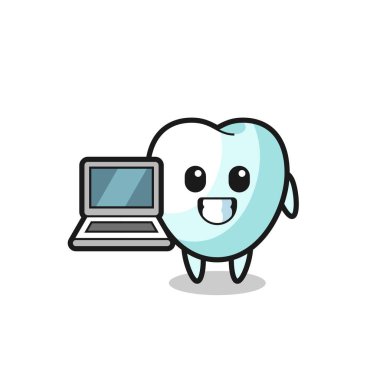 Dizüstü bilgisayarlı diş maskotu tasarımı, şirin bir tasarım.
