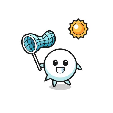 Konuşma balonu maskotu illüstrasyonu kelebeği yakalıyor, şirin tasarım