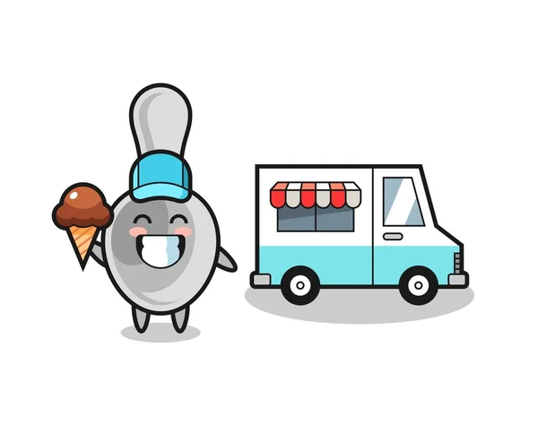 Mascota Dibujos Animados Cuchara Con Camión Helados Lindo Diseño — Vector de stock