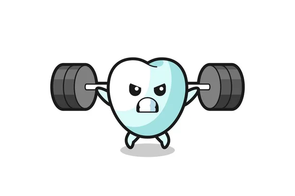 Tooth Mascot Cartoon Barbell Cute Design — Stock Vector