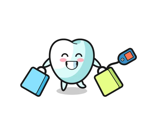 Tooth Mascot Cartoon Holding Shopping Bag Cute Design — Stock Vector