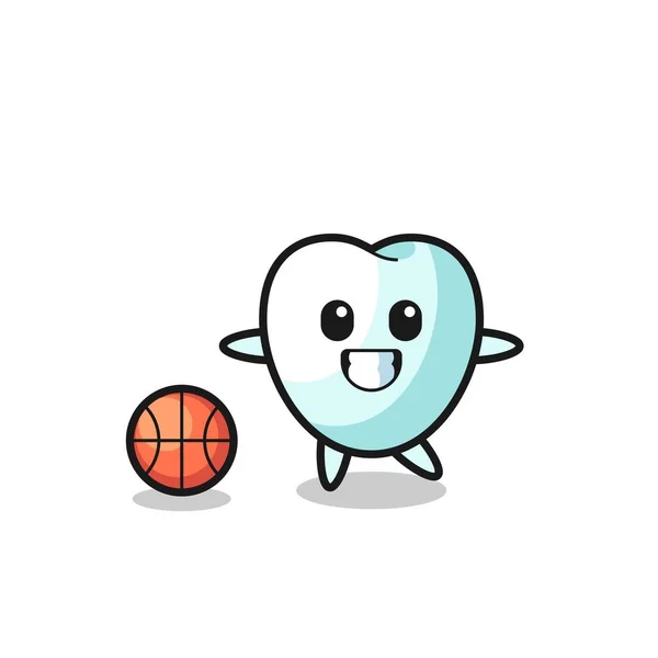 Иллюстрация Зубов Мультфильм Играет Баскетбол Милый Дизайн — стоковый вектор