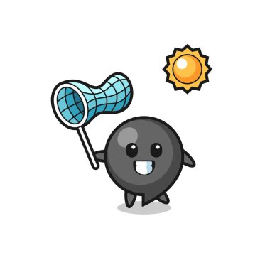 Virgül sembolü maskot çizimi kelebeği yakalıyor, şirin tasarım.