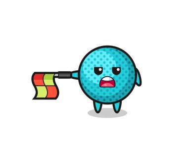 Çizgi yargıcı olarak dikenli top karakteri bayrağı yatay olarak düz tut, şirin tasarım.