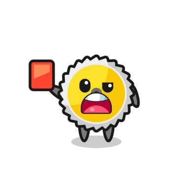 saw blade cute mascot as referee giving a red card , cute design