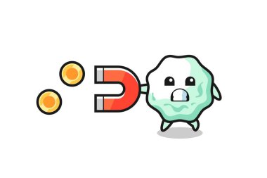 Sakız karakteri altın sikkeleri yakalamak için mıknatıs tutar, şirin tasarım.