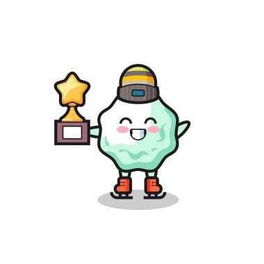 chewing gum cartoon as an ice skating player hold winner trophy , cute design