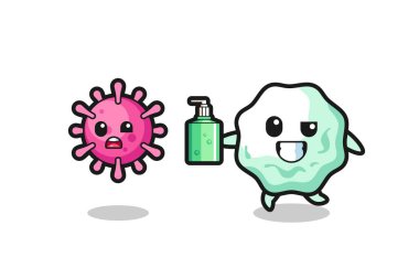 illustration of chewing gum character chasing evil virus with hand sanitizer , cute design