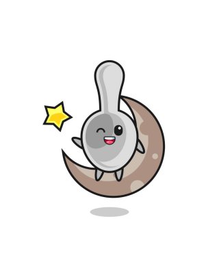 illustration of spoon cartoon sitting on the half moon , cute design