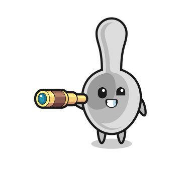 cute spoon character is holding an old telescope , cute design