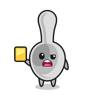 Futbol hakemi olarak çizgi film kaşık karakteri sarı kart veriyor, şirin bir tasarım.