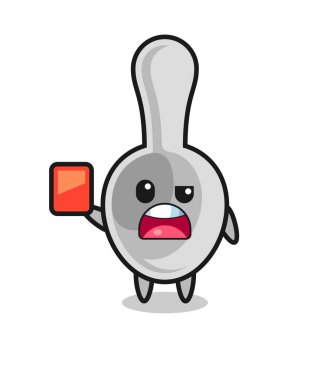 Kaşık sevimli maskot hakem olarak kırmızı kart veriyor, şirin tasarım.