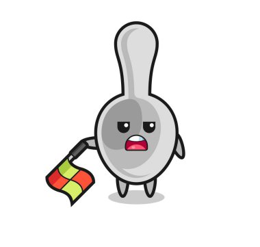 spoon character as line judge hold the flag down at a 45 degree angle , cute design