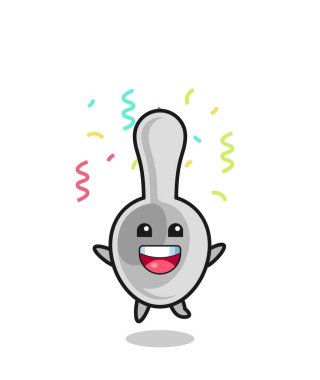 Mutlu kaşık maskotları tebrik etmek için renkli konfetilerle atlıyorlar, şirin tasarım.