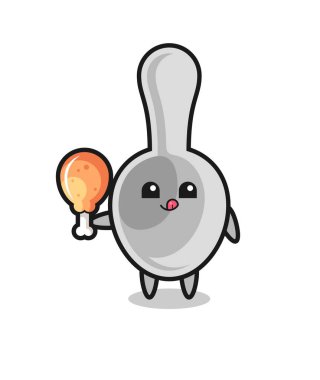 spoon cute mascot is eating a fried chicken , cute design