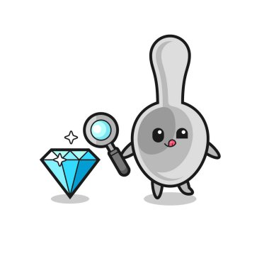 spoon mascot is checking the authenticity of a diamond , cute design