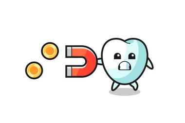 the character of tooth hold a magnet to catch the gold coins , cute design