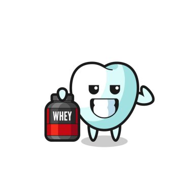 the muscular tooth character is holding a protein supplement , cute design