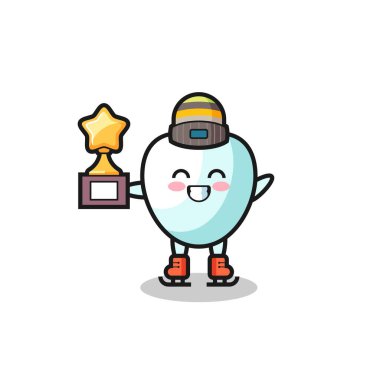 tooth cartoon as an ice skating player hold winner trophy , cute design