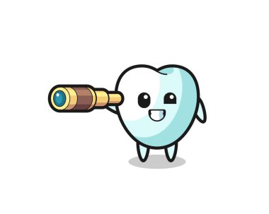 cute tooth character is holding an old telescope , cute design