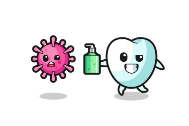 illustration of tooth character chasing evil virus with hand sanitizer , cute design