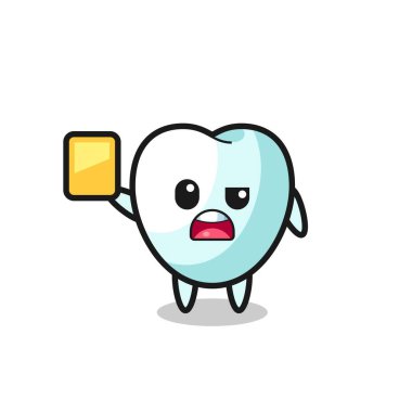 cartoon tooth character as a football referee giving a yellow card , cute design