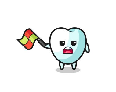 tooth cartoon as the line judge hold the flag up at a 45 degree angle , cute design