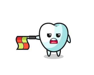 Çizgi yargıcı olarak diş karakteri bayrağı yatay olarak düz tut, şirin tasarım.