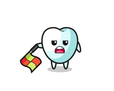 tooth character as line judge hold the flag down at a 45 degree angle , cute design