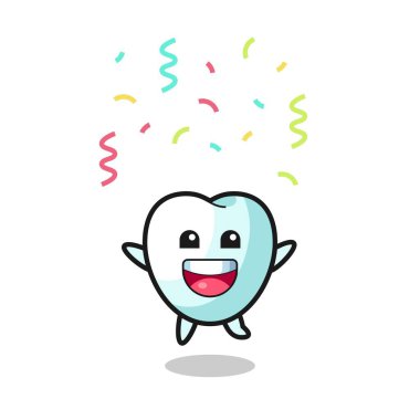 Mutlu diş maskotu tebrik etmek için renk konfetisiyle atlıyor, şirin tasarım.