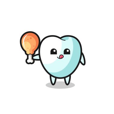 tooth cute mascot is eating a fried chicken , cute design