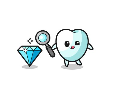 tooth mascot is checking the authenticity of a diamond , cute design