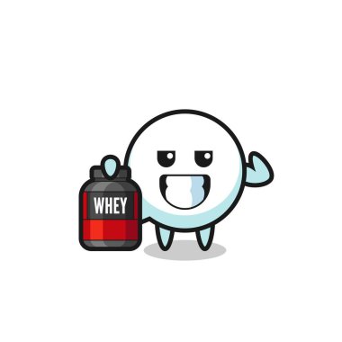 the muscular speech bubble character is holding a protein supplement , cute design