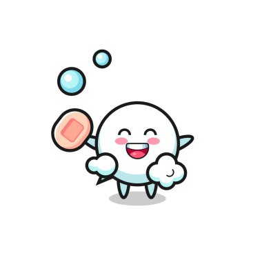 speech bubble character is bathing while holding soap , cute design
