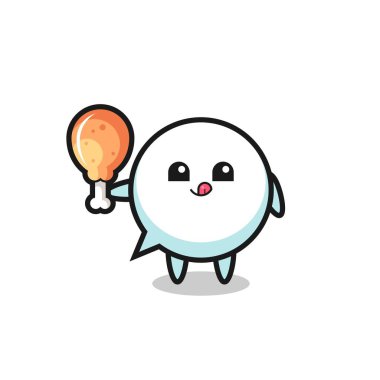 speech bubble cute mascot is eating a fried chicken , cute design