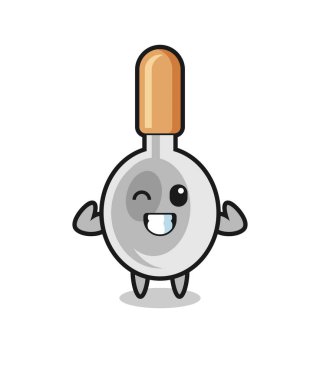 the muscular cooking spoon character is posing showing his muscles , cute design