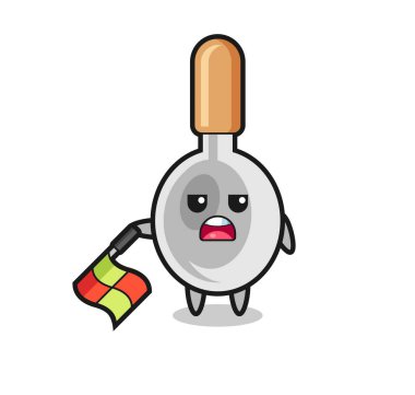 cooking spoon character as line judge hold the flag down at a 45 degree angle , cute design