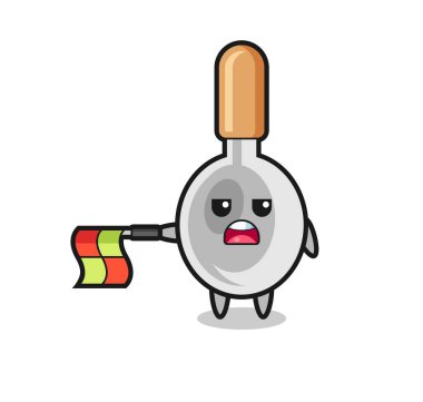 Yemek kaşığı karakteri çizgi hakemi olarak bayrağı düz tut, şirin tasarım.