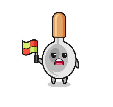 cooking spoon character as line judge putting the flag up , cute design