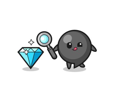 comma symbol mascot is checking the authenticity of a diamond , cute design