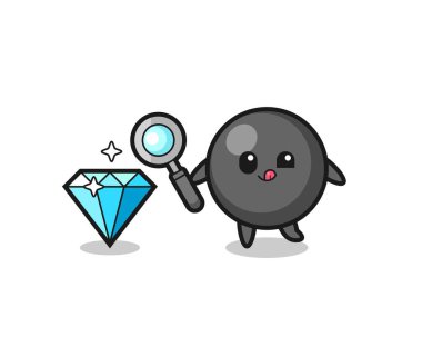 dot symbol mascot is checking the authenticity of a diamond , cute design