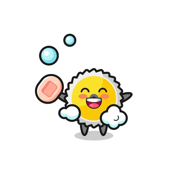 Saw Blade Character Bathing While Holding Soap Cute Design — 图库矢量图片