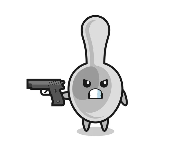 Cute Spoon Character Shoot Gun Cute Design — Stockvector