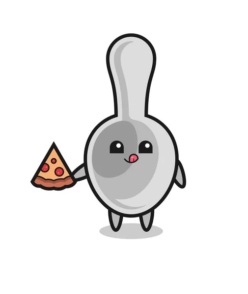 Cute Spoon Cartoon Eating Pizza Cute Design — Archivo Imágenes Vectoriales