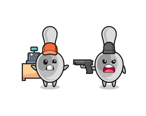 銀行員としてのかわいいスプーンのイラストが強盗に銃を向けられてかわいいデザイン — ストックベクタ