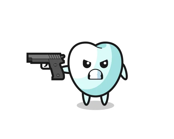 Cute Tooth Character Shoot Gun Cute Design — Vetor de Stock