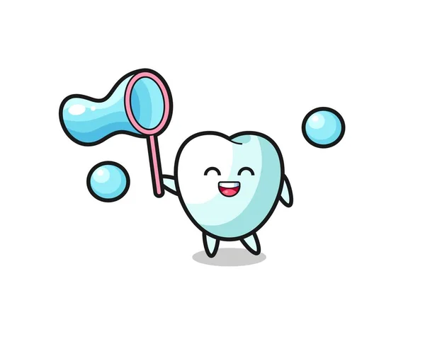Happy Tooth Cartoon Playing Soap Bubble Cute Design — Stok Vektör